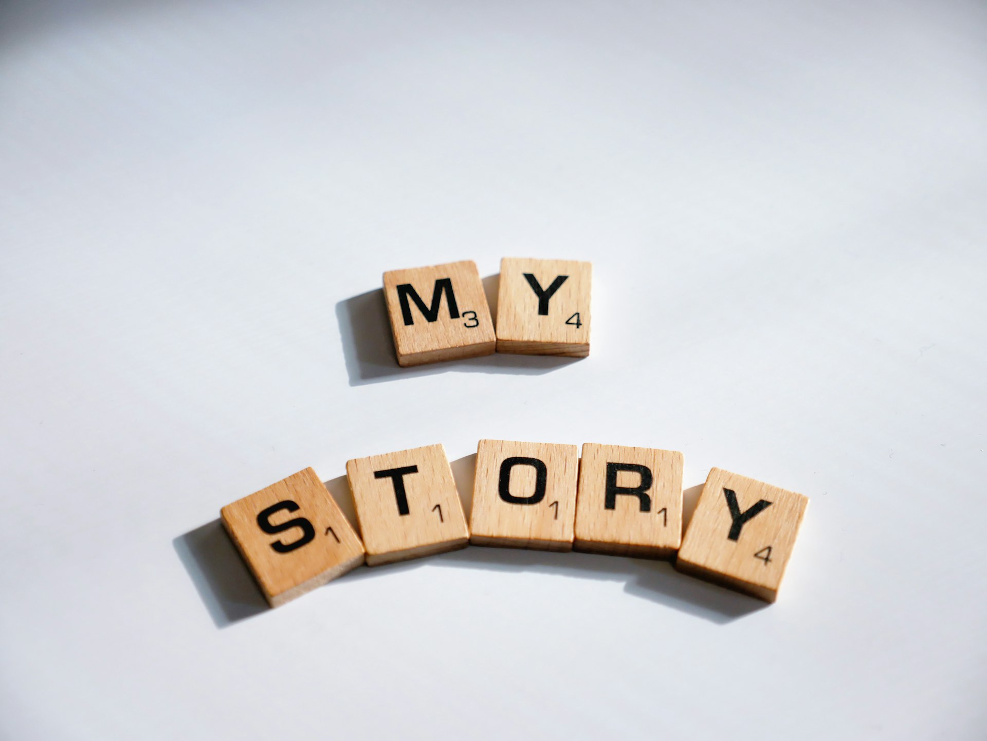 two scrabbled wooden blocks spelling the word my story